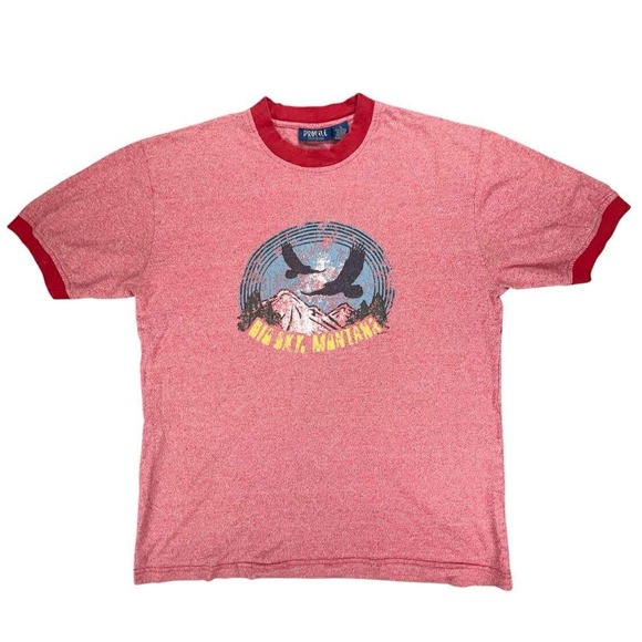 Profile Big Sky Montana Graphic T-Shirt Small Eagle Ringer Tee Red 100% Cotton - Picture 1 of 9